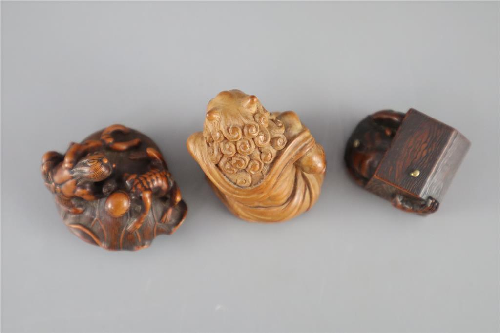 Three Japanese boxwood or cherry netsuke of oni, Meiji period,